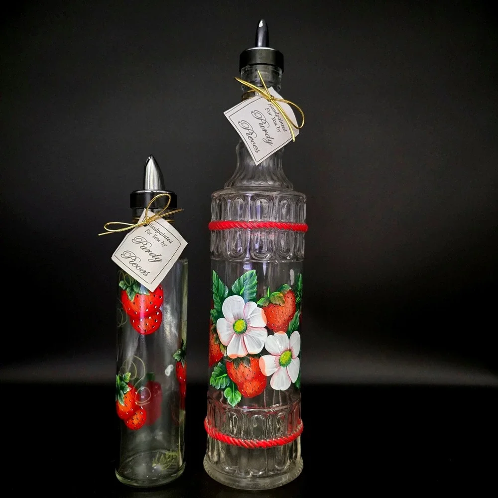 Purdy Pieces Handpainted Strawberry Glass Oil Vinegar Cruet Set Italy Spill-Stop